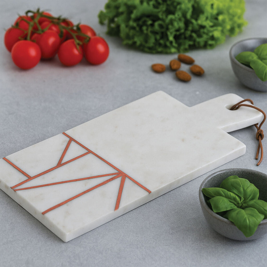 Orsina Monzaro White Marble Serving Board with Copper Inlay Paddle