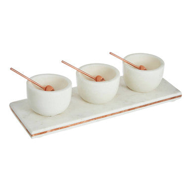 Orsina Monzaro White Marble Dip Bowls and Board Set with Copper Inlay