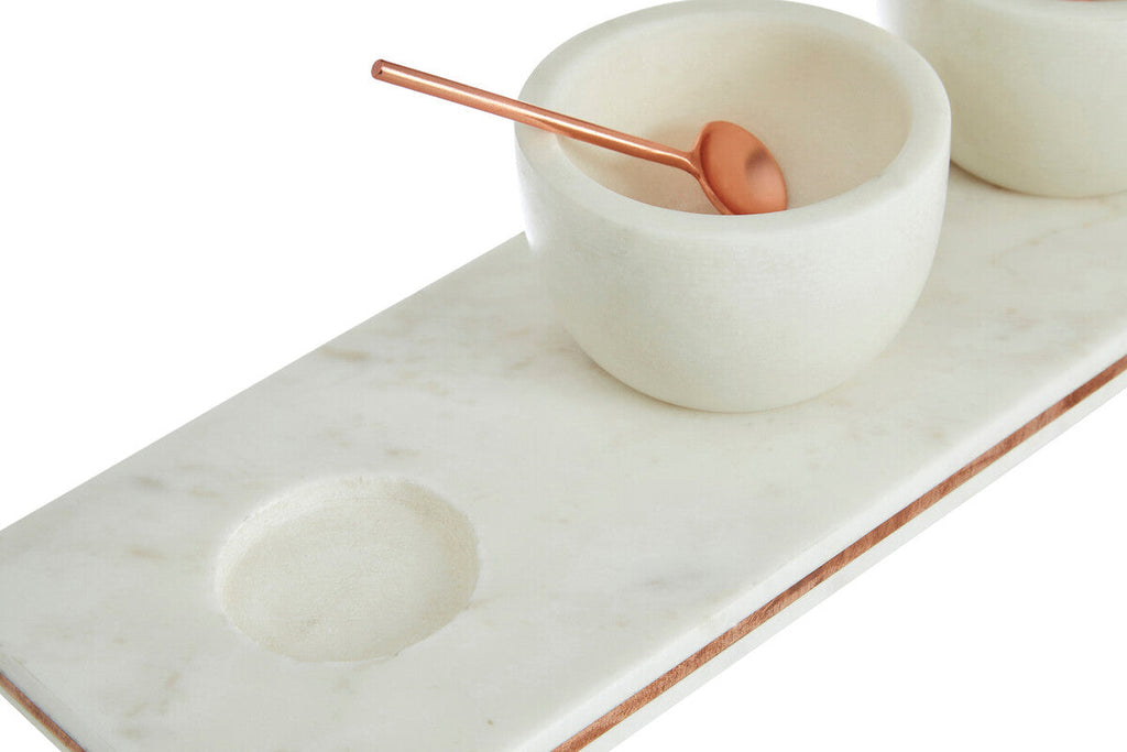 Orsina Monzaro White Marble Dip Bowls and Board Set with Copper Inlay