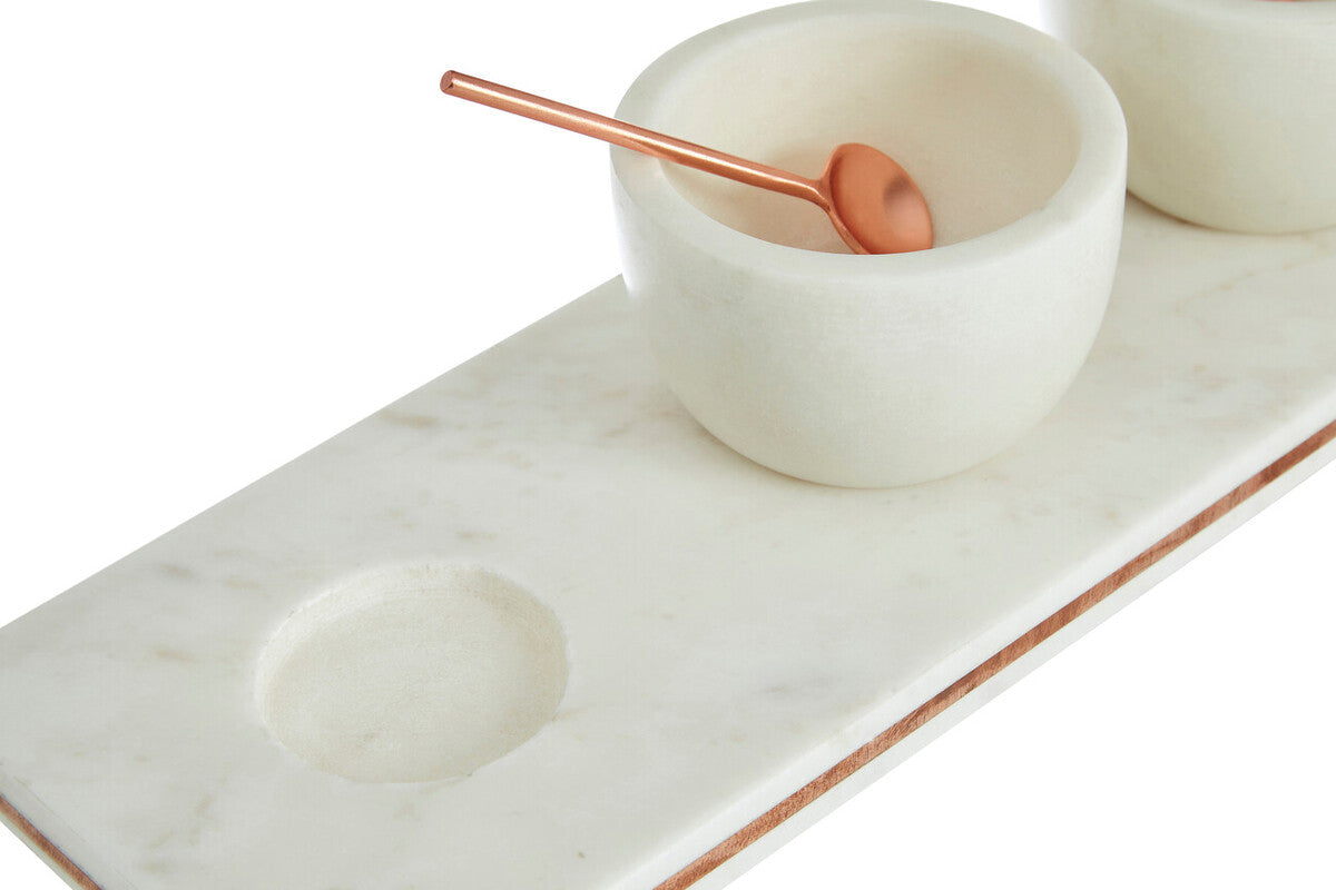 Orsina Monzaro White Marble Dip Bowls and Board Set with Copper Inlay