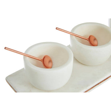 Orsina Monzaro White Marble Dip Bowls and Board Set with Copper Inlay