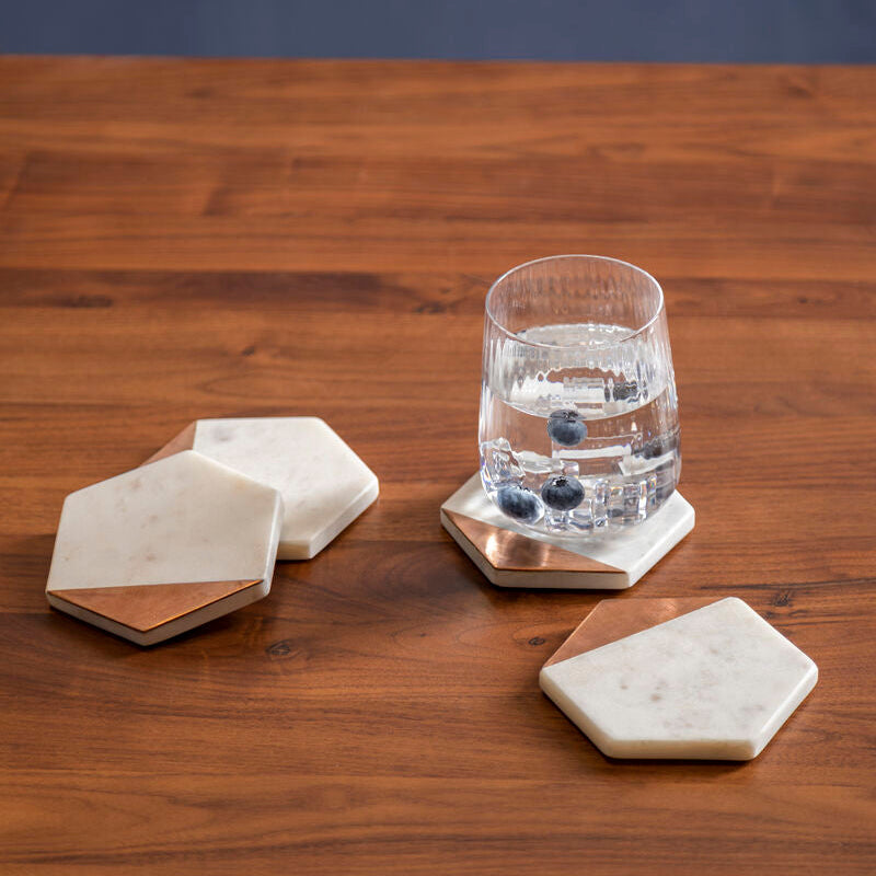 Orsina Monzaro White Marble Coasters with Copper Inlay - Set of 4