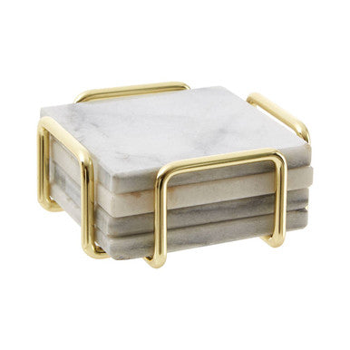 Orsina White Marble Coasters with Brass Holder - Set of 4 Square Coasters