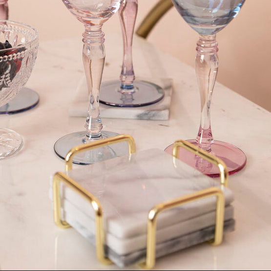 Orsina White Marble Coasters with Brass Holder - Set of 4 Square Coasters