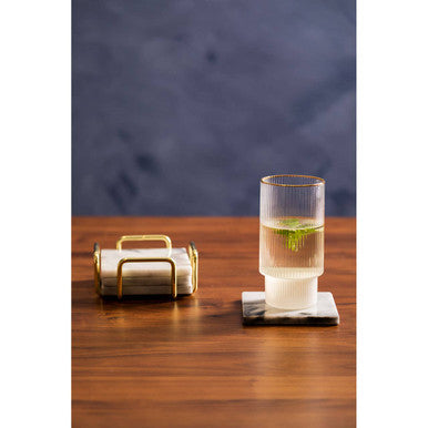 Orsina White Marble Coasters with Brass Holder - Set of 4 Square Coasters