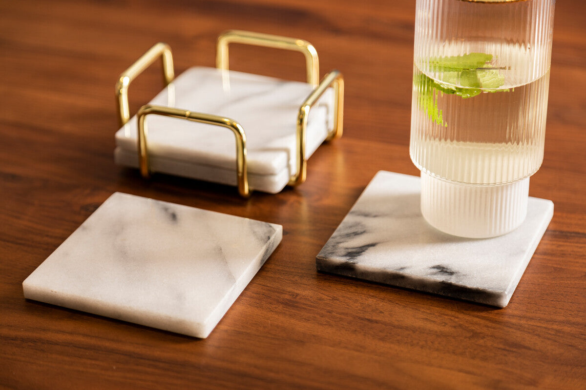 Orsina White Marble Coasters with Brass Holder - Set of 4 Square Coasters