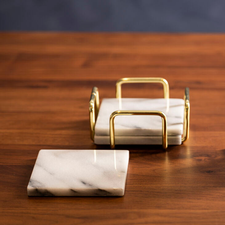 Orsina White Marble Coasters with Brass Holder - Set of 4 Square Coasters
