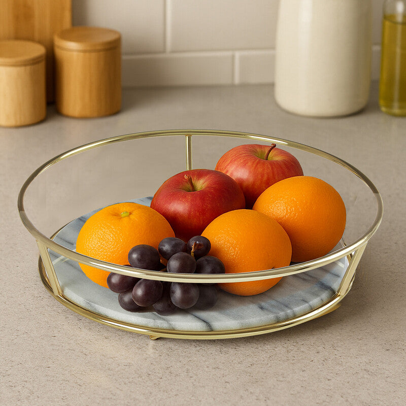 Orsina White Marble and Brass Fruit Basket – Modern Kitchen Centerpiece