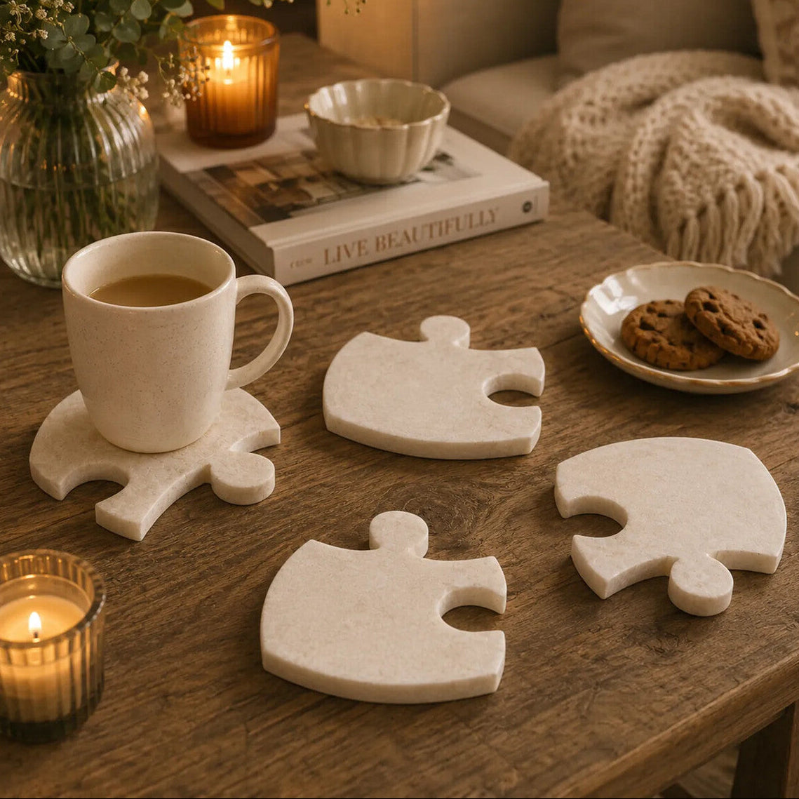 Orsina Marble Jigsaw Coasters – Set of 4 Modular White Stone Table Decor