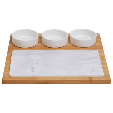 Orsina 5-Piece White Marble and Bamboo Cheese Board Serving Set