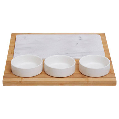 Orsina 5-Piece White Marble and Bamboo Cheese Board Serving Set