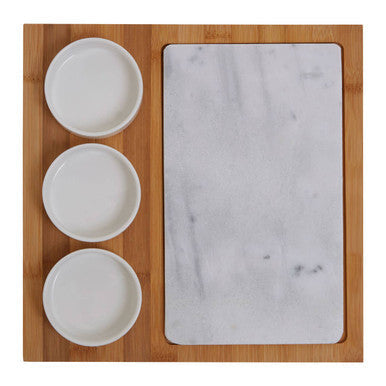 Orsina 5-Piece White Marble and Bamboo Cheese Board Serving Set