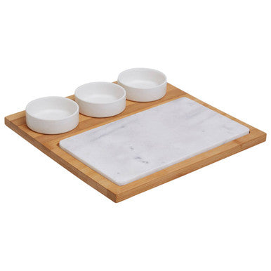 Orsina 5-Piece White Marble and Bamboo Cheese Board Serving Set