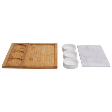 Orsina 5-Piece White Marble and Bamboo Cheese Board Serving Set