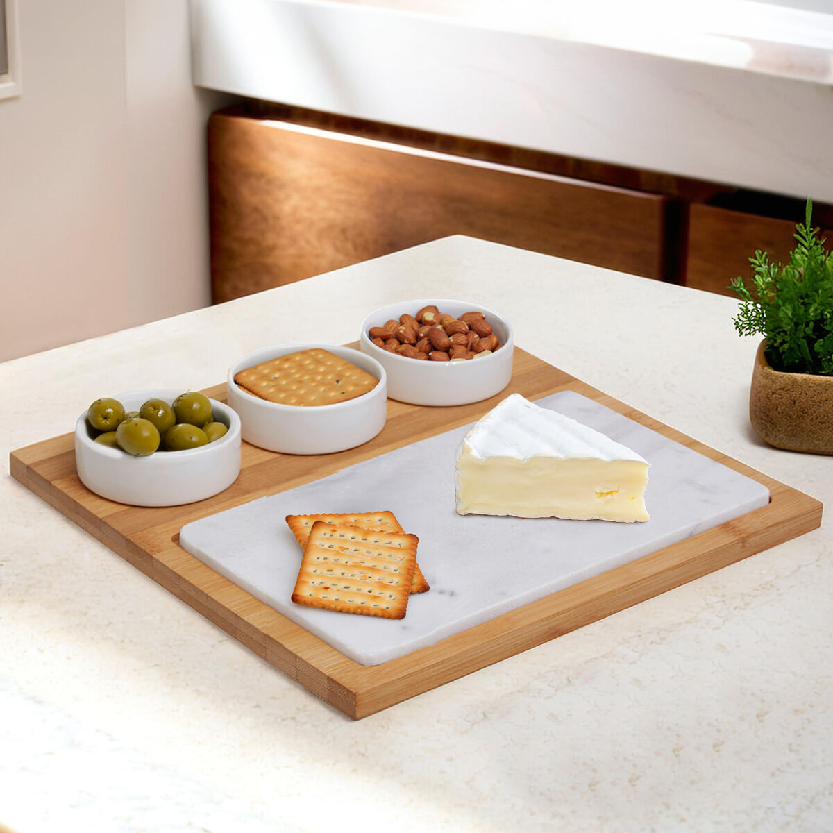 Orsina 5-Piece White Marble and Bamboo Cheese Board Serving Set