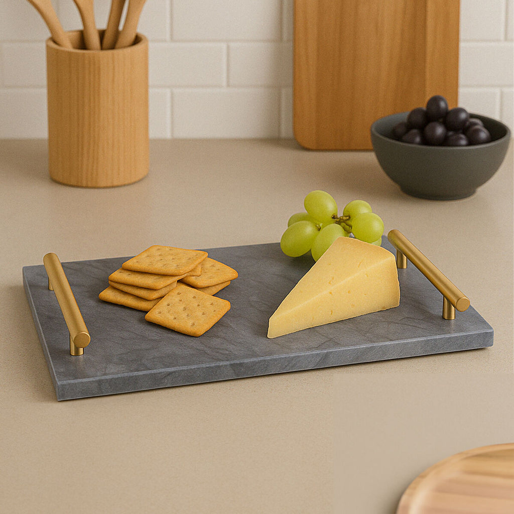 Orsina Marmore Black Marble Serving Board with Gold Handles