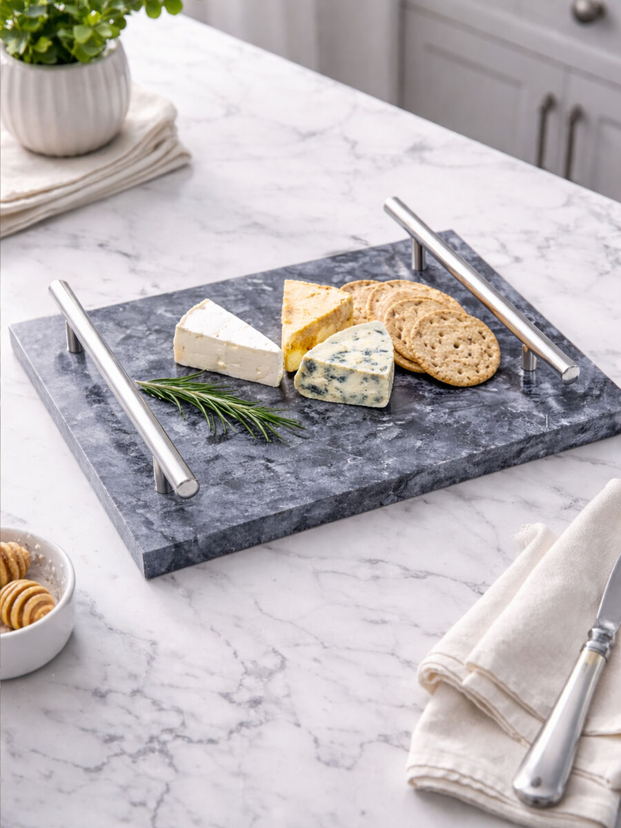 Orsina Black Marble Serving Board with Silver Handles – 12 Inch Tray