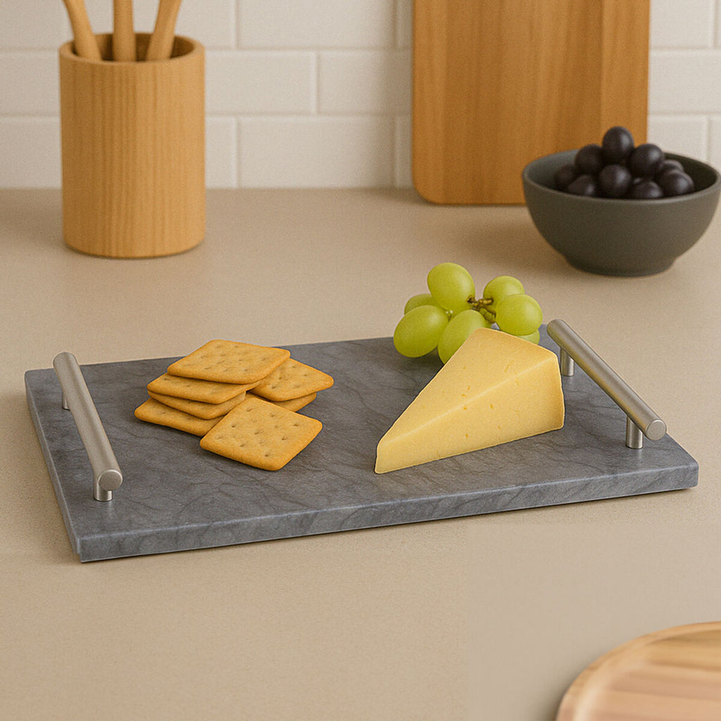 Orsina Black Marble Serving Board with Silver Handles – 12 Inch Tray