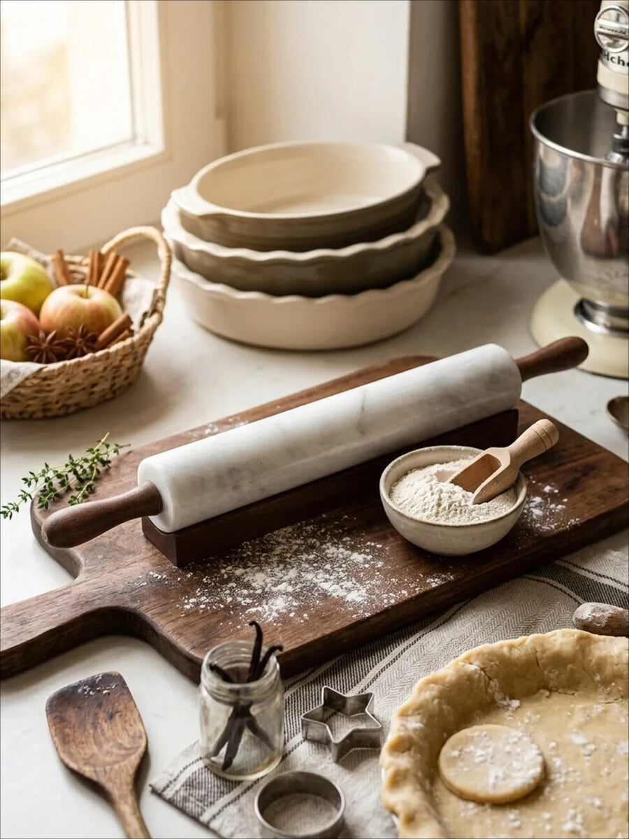 Orsina Kindia White Marble Rolling Pin with Wooden Stand for Baking