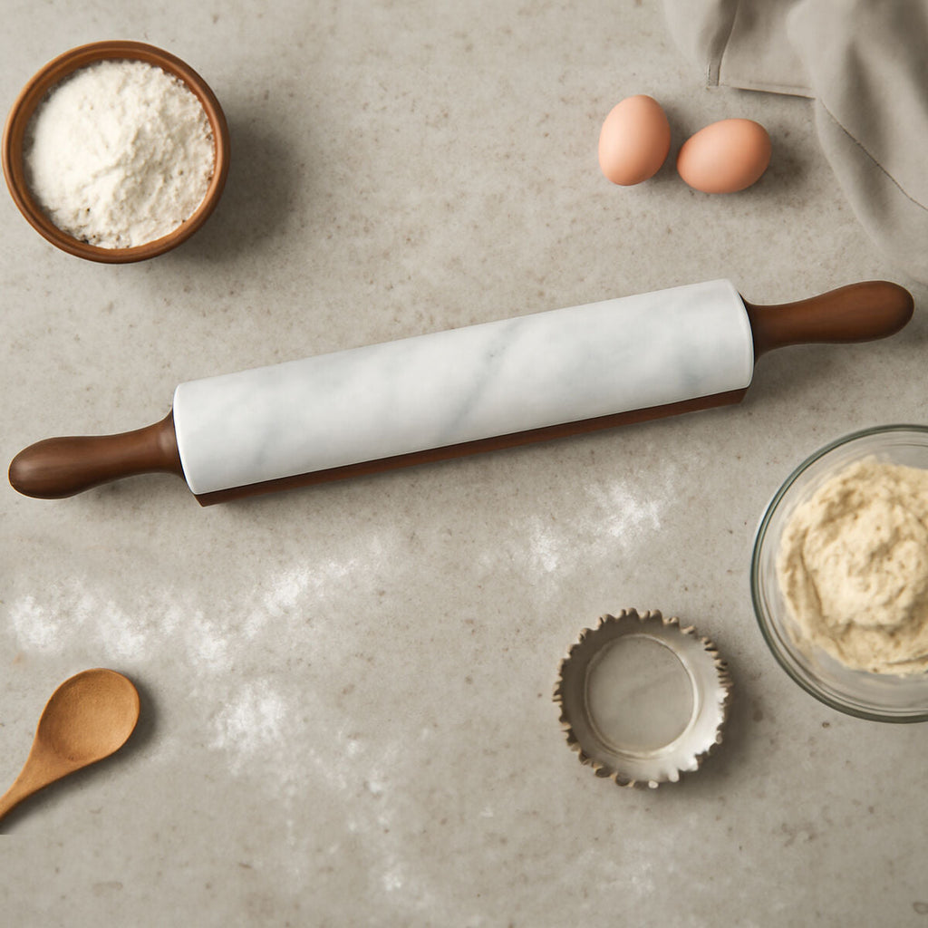 Orsina Kindia White Marble Rolling Pin with Wooden Stand for Baking