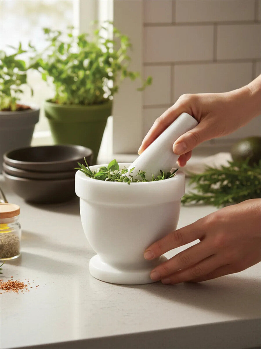 Orsina Salerno White Marble Mortar and Pestle Set for Spices