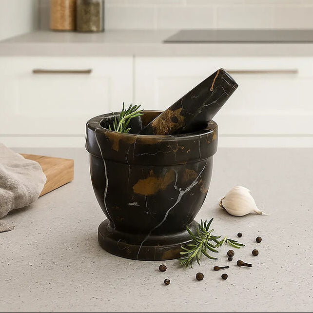 Orsina Black and Gold Marble Mortar and Pestle – Stone Spice Grinder