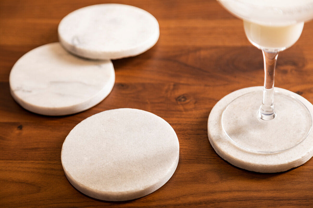 Orsina Kindia White Marble Round Coasters – Set of 4 Drink Coasters