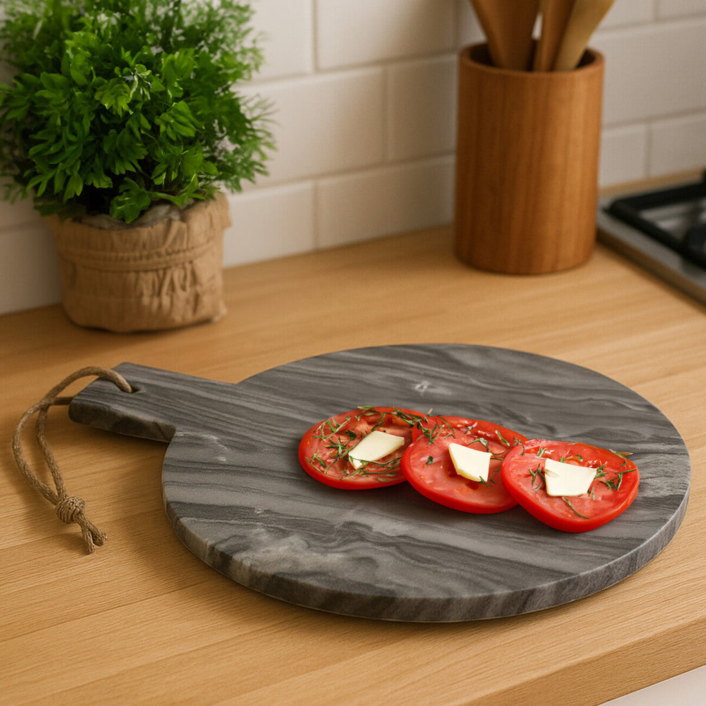 Orsina Grey Marble Round Serving Board – Paddle Charcuterie Platter