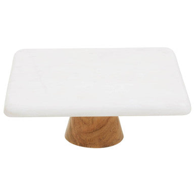 Orsina White Marble and Acacia Wood Cake Stand – Elegant Dessert Display