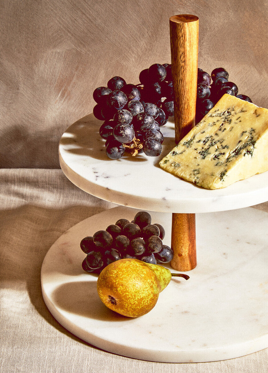 Orsina Monzaro 2-Tier Cake Stand – Marble and Acacia Wood Display