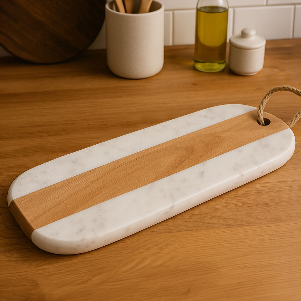 Orsina Monzaro White Marble and Acacia Wood Oblong Serving Board