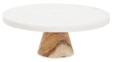 Orsina Round White Marble and Acacia Wood Cake Stand – 12 Inch