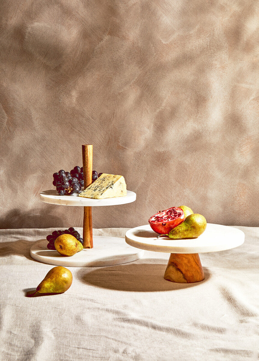 Orsina Round White Marble and Acacia Wood Cake Stand – 12 Inch