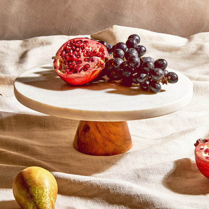 Orsina Round White Marble and Acacia Wood Cake Stand – 12 Inch