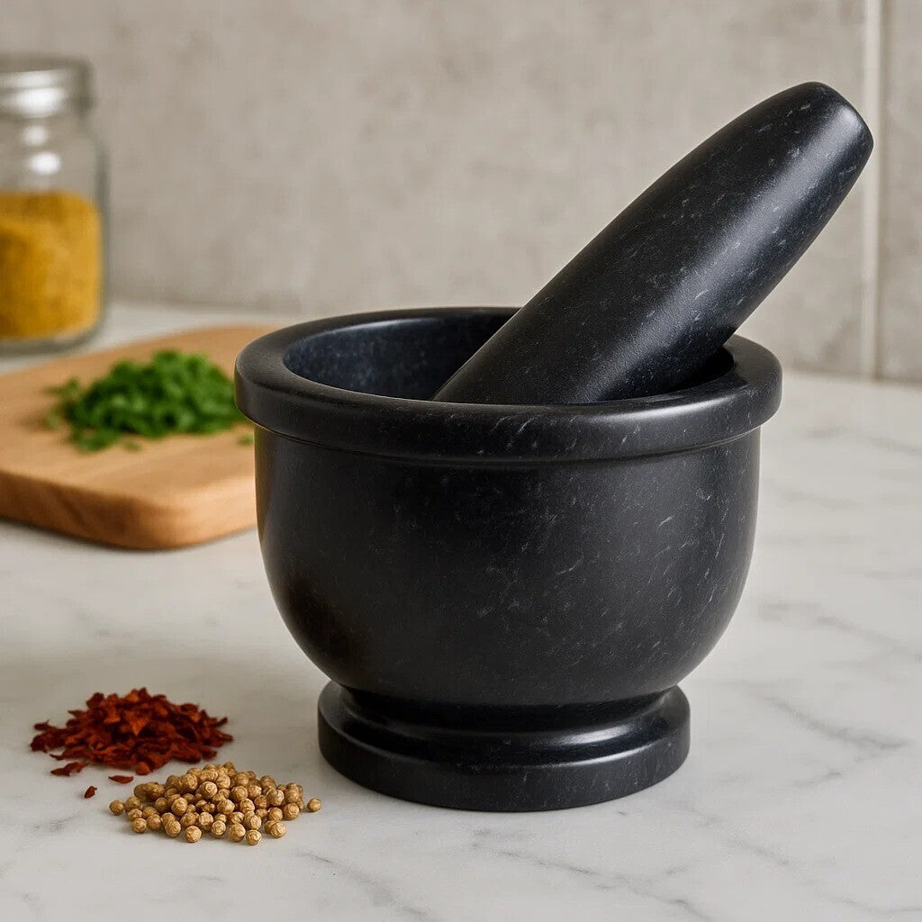 Orsina Marmore Black Marble Mortar and Pestle with Rim Spice Grinder