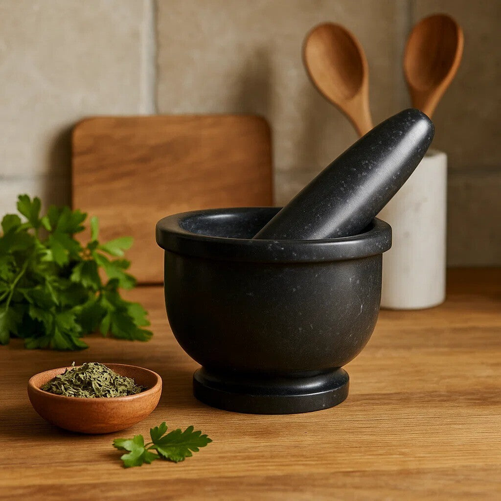 Orsina Marmore Black Marble Mortar and Pestle with Rim Spice Grinder