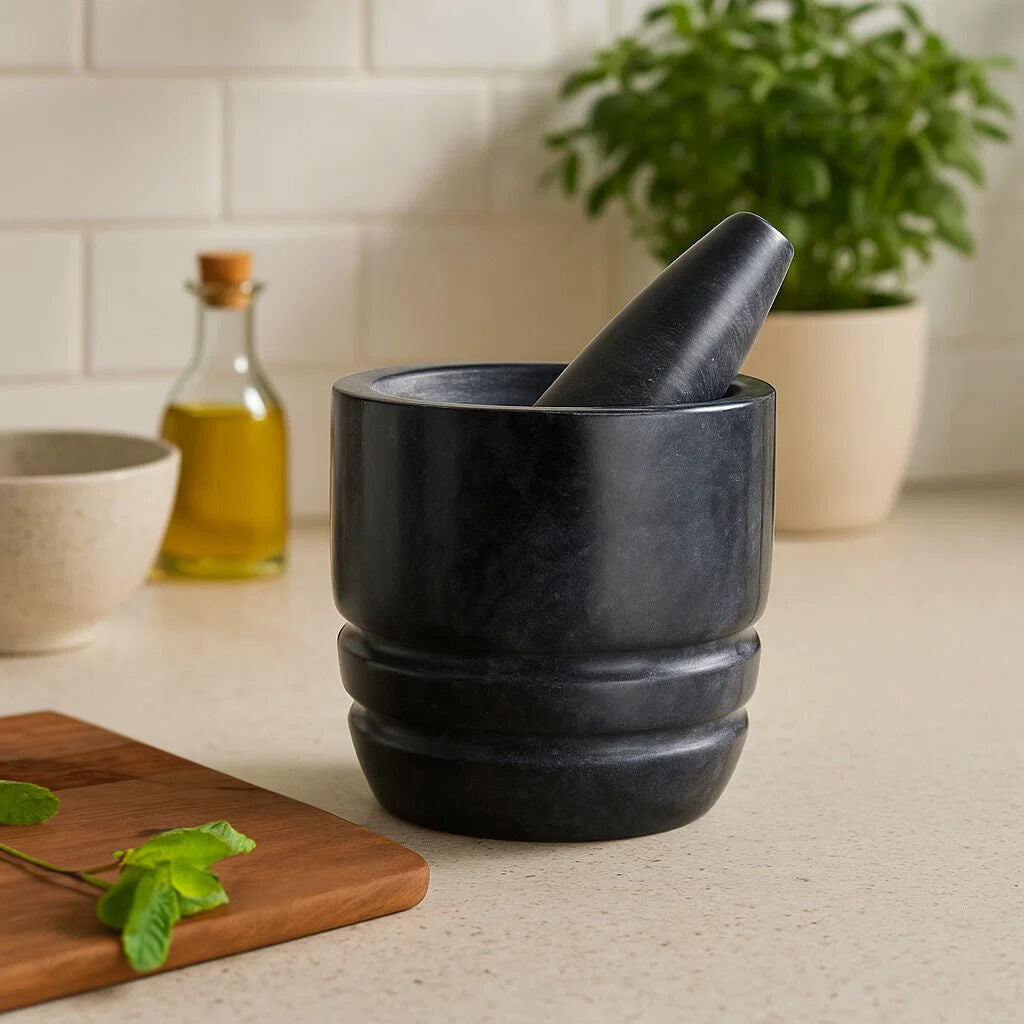 Orsina Marmore Black Marble Mortar and Pestle – Textured Stone Grinder