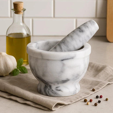 Orsina Salerno Grey Marble Mortar and Pestle with Rim - Stone Grinder