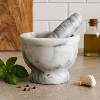 Orsina Salerno Grey Marble Mortar and Pestle with Rim - Stone Grinder