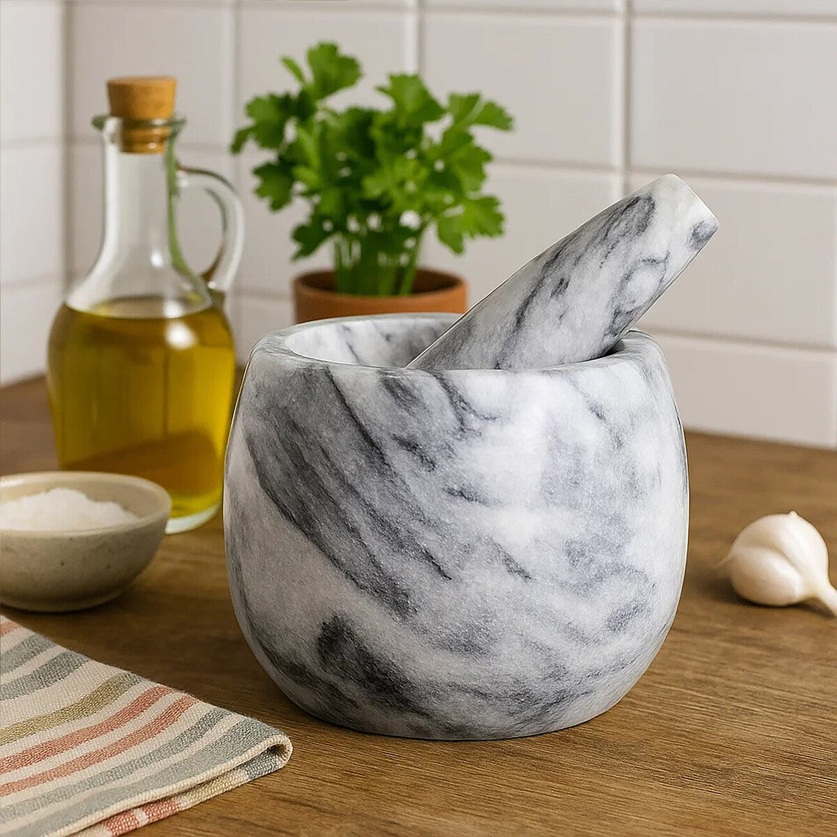 Orsina Salerno Grey Marble Mortar and Pestle – Straight Sided Grinder