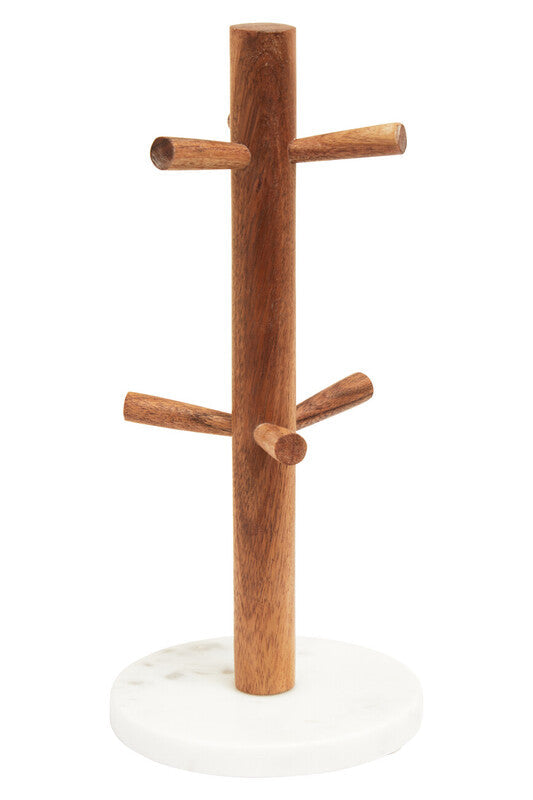 Orsina Acacia Wood and White Marble Mug Tree – Kitchen Counter Organizer