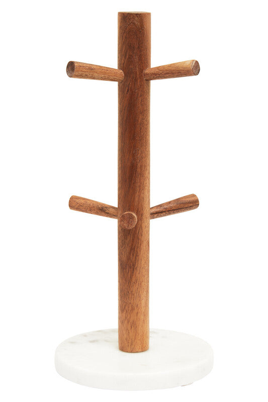 Orsina Acacia Wood and White Marble Mug Tree – Kitchen Counter Organizer