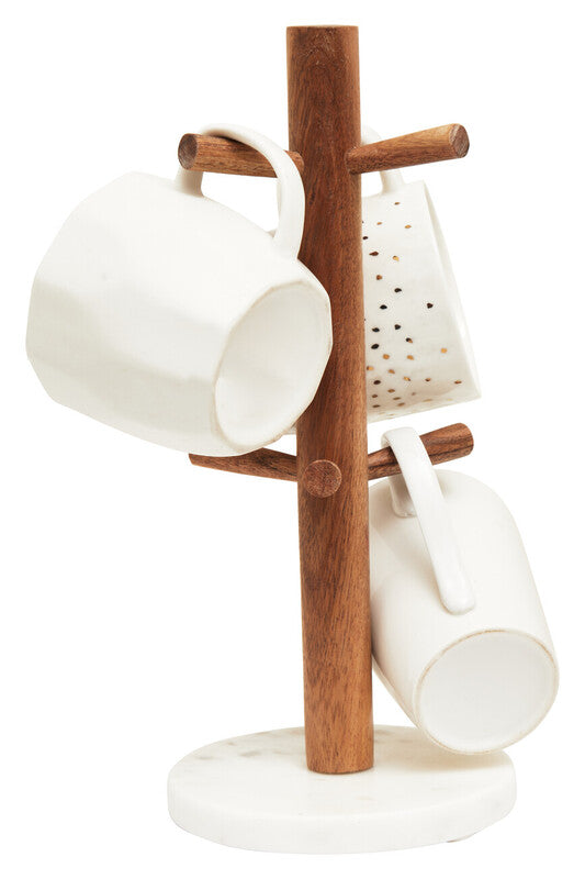 Orsina Acacia Wood and White Marble Mug Tree – Kitchen Counter Organizer