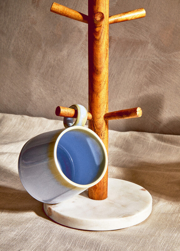 Orsina Acacia Wood and White Marble Mug Tree – Kitchen Counter Organizer
