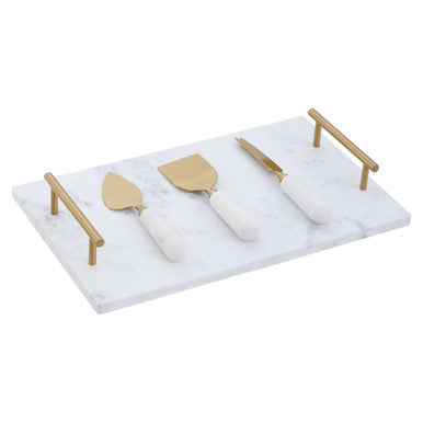 Orsina White Marble Cheese Board and Knife Set with Gold Handles