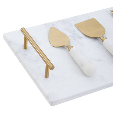 Orsina White Marble Cheese Board and Knife Set with Gold Handles