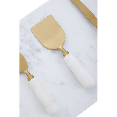 Orsina White Marble Cheese Board and Knife Set with Gold Handles