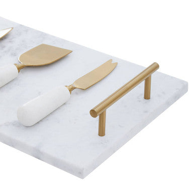 Orsina White Marble Cheese Board and Knife Set with Gold Handles