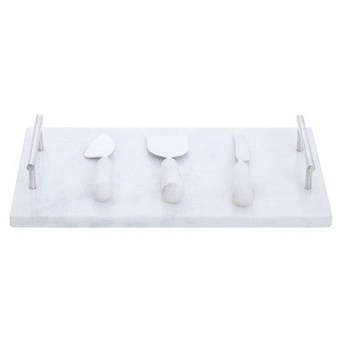 Orsina White Marble Cheese Board and Knife Set with Silver Handles