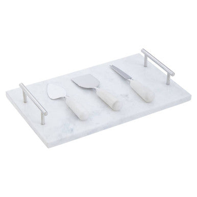 Orsina White Marble Cheese Board and Knife Set with Silver Handles